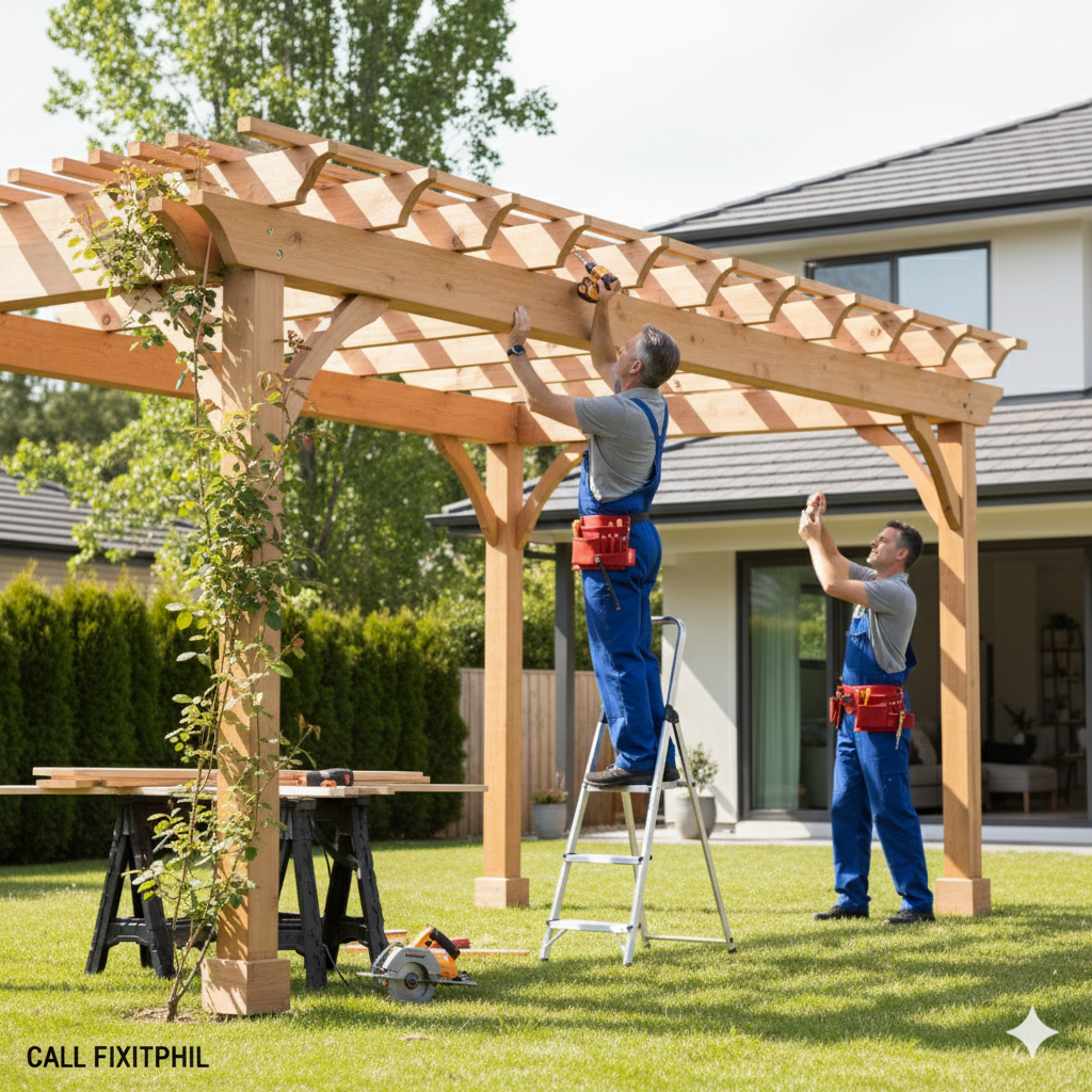 Building a timber pergola frame in a backyard